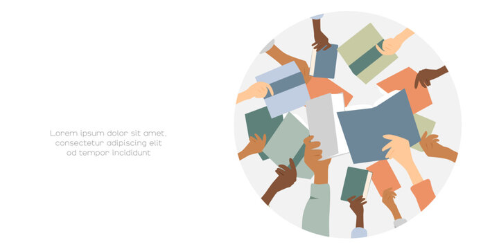 Different people holding books. Modern colourful design.	