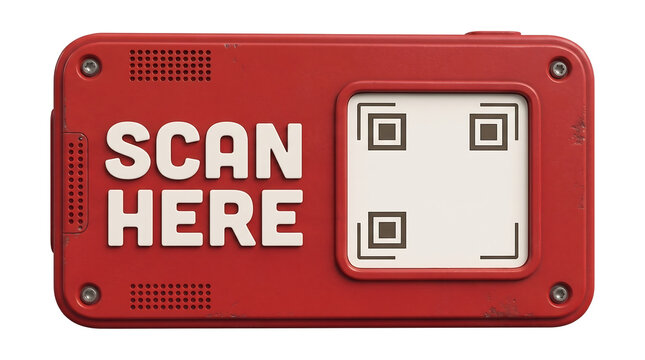 3D retro QR placeholder, Red industrial scan here reader device with screen and bold typography