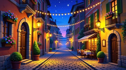 Fototapeta premium European city street at night with stone pavement, glowing festive string lights. Old architecture buildings balconies with blooming flowers, potted plants. Cozy bistro terrace tables sit under warm