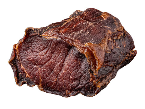 Thick cut of traditional beef jerky, a hearty and robust dried meat snack, with visible seasoning.