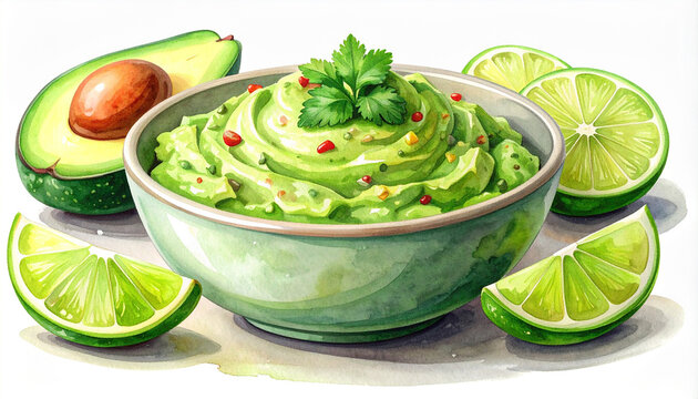 Hand-drawn watercolor illustration of bowl with fresh creamy guacamole, sliced avocado and juicy lime wedges, white background, Mexican food concept.