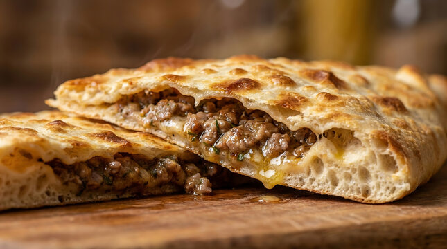 Traditional Turkish closed pide stuffed with seasoned minced meat, baked until golden and crispy, served fresh on a rustic wooden board.