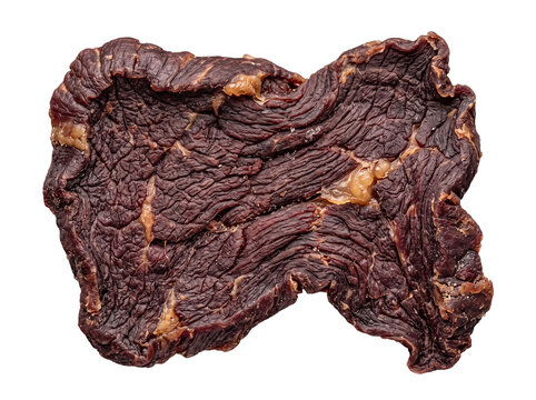 Photograph of a flat, textured piece of premium dried beef jerky, showcasing its rich, savory appearance.