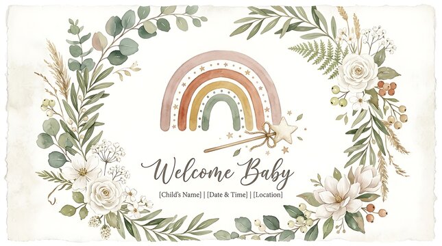 Welcome Baby shower invitation card design featuring a cute boho rainbow and floral wreath frame for announcements