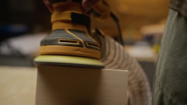 Caucasian male carpenter hands using electric orbital sander to smooth edge of wooden block in workshop. Video is perfect for craft business promos, DIY tutorials, and hardware store commercials
