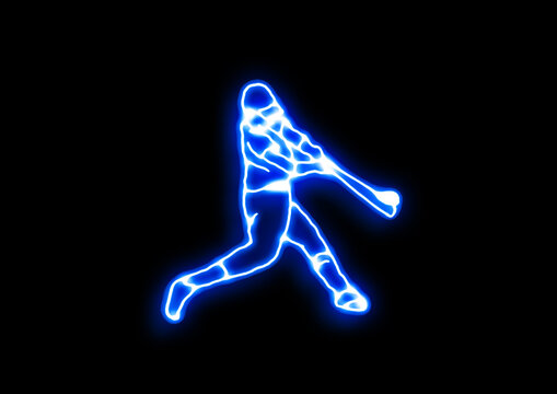 ネオンラインで描かれた野球選手のスイングと躍動感のある光の抽象的な背景