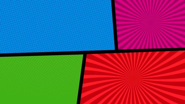 Vibrant pop art comic book background with colorful panels and radial sunburst patterns