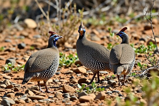 Three crested francolin birds stand on dry rocky African ground. Avian wildlife with spotted brown feathers explore savanna terrain in sunlight. Group of wild game birds foraging in natural habitat.