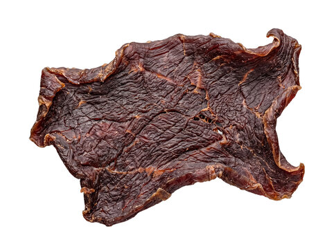 Appetizing single slice of beef jerky, flat and textured, a savory dried meat snack expertly isolated on a transparent.