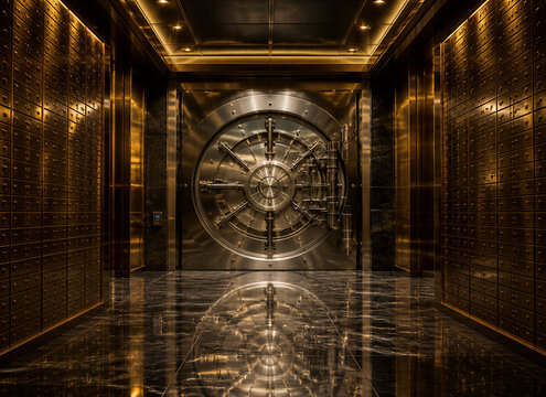 Bank vault door with safety deposit boxes interior architectural photo