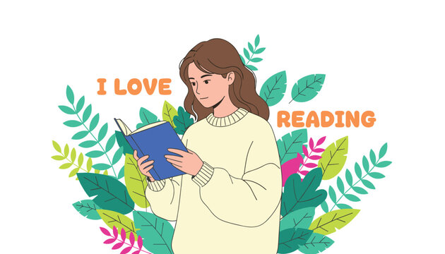 Young woman holding an open blue book while surrounded by vibrant green leaves, expressing a love for reading and literature.