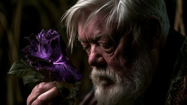 Prompt: A Renaissance portrait of a scientist examining a plant. The plant in his hand is a dark velvet rose whose veins glow with a soft violet bioluminescent stardust liquid, casting light 