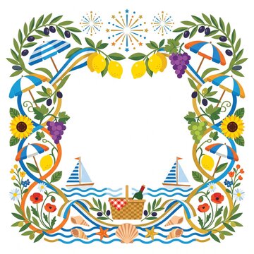 Ferragosto Festival Elements Frame with Italian Summer Beach Picnic Sailboats Lemons Grapes and Flowers Vector Illustration