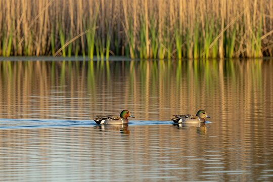 Two gadwall ducks swim across calm golden lake water. Wild birds glide on pond surface near green reeds. Pair of mallard relatives travel in scenic nature habitat. Peaceful wildlife scene reflects