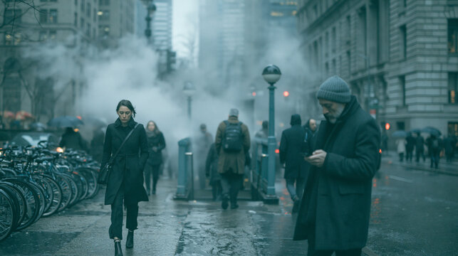 Urban Commute in Foggy Weather: A somber street scene unfolds amidst a dense fog, with people navigating through a bustling city as steam rises from underground vents.