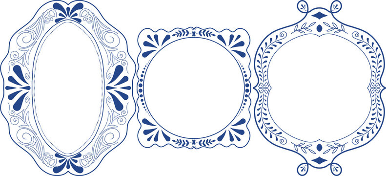 A collection of three ornate frame borders inspired by classic blue and white porcelain tiles, talavera, and delftware patterns. Featuring intricate floral, leaf, and filigree illustrations in an oval