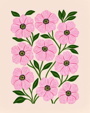 Pink wildflower botanical illustration with green leafy stems