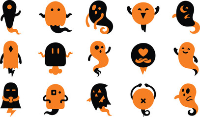 Fototapeta premium Collection of Halloween Ghost Characters in Orange and Black