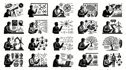 Obraz premium Science, Technology, Research Education Concepts: Monochrome Vector Illustrations Set