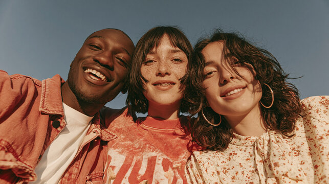 Friendship Under Sunny Skies: Three smiling friends, a diverse group captured in a close-up shot, radiate warmth and happiness against a clear blue sky, embodying connection and youthful exuberance.