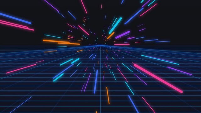 Neon warp tunnel motion loop with light streaks and perspective grid for futuristic backgrounds