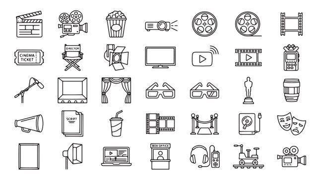 Cinema and movie production line icons, 35 film industry vector elements, minimalist filmmaking equipment and theater symbols for entertainment design