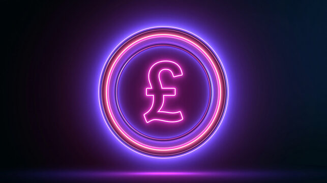 Neon Pound Sterling Symbol: A vibrant neon pound sterling symbol glows with an electric purple and pink aura against a dark, futuristic background.