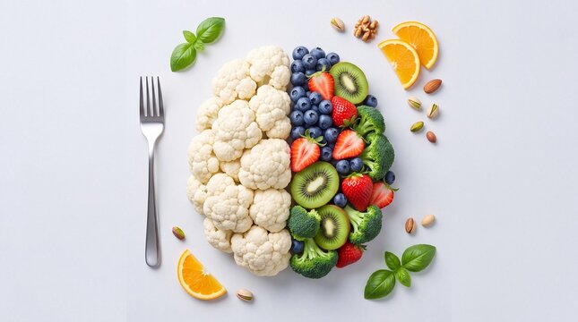 Healthy human brain shape composed of fresh organic vegetables fruits with meticulously arranged cauliflower cauliflower florets colorful displays creative human