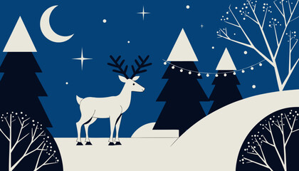 Minimalist winter woodland scene featuring a majestic reindeer standing beneath a crescent moon night sky with vector illustration white standing snowy forest © Malik