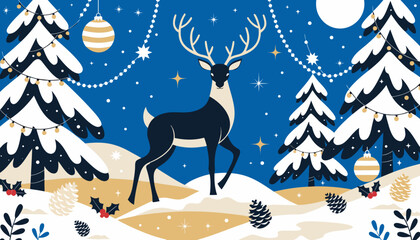 Stylized reindeer standing within snowy winter forest under sparkling night sky holiday season illustration © Malik