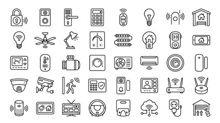 Fototapeta premium Smart home automation line icons, 40 internet of things vector elements. Modern IoT security and home control symbols for mobile app interface design.