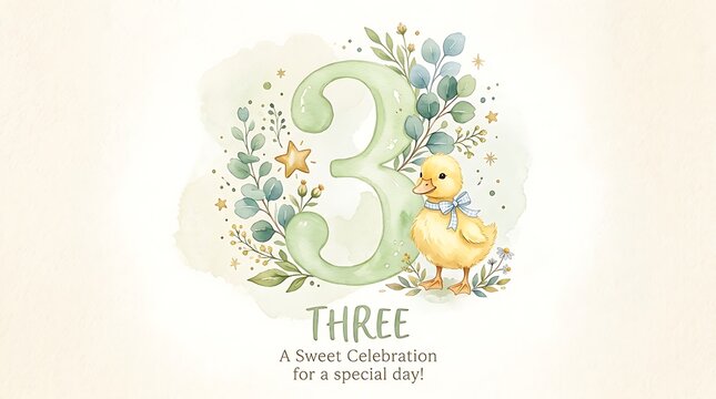 Cute number three birthday card design with a yellow baby duck and green leaves for a sweet child celebration