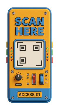 3D retro QR placeholder, 3D Access control device with scan here sign and QR code reader