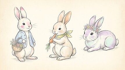 Fototapeta premium Three cute little bunny rabbits with a carrot a flower basket and a floral wreath drawn in a simple pencil sketch