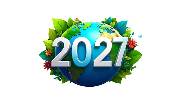happy new year 2027 banner template with save the earth design, isolated on transparent background