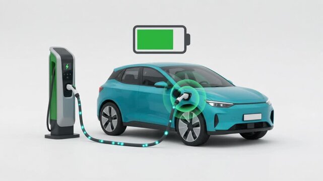 Electric Car Charging Station, Battery Electric Vehicle (BEV) Plugged into EV Charger