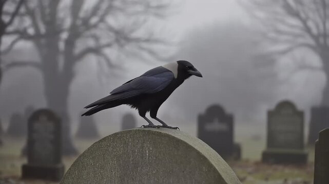 Crow landing on tombstone in foggy cemetery