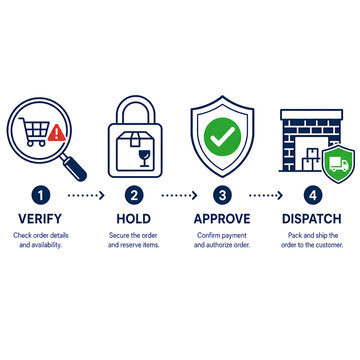 Four step secure order processing workflow with icons with dispatching orders streamlined workflow using icons text labels securing approving dispatching