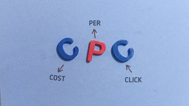 Conceptual flat lay image featuring letter pieces spelling CPC with handwritten annotations explaining Cost Per Click.