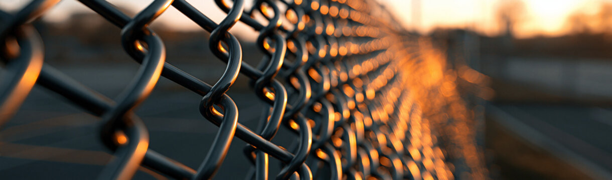 Chain Link Fence at Sunset: A close-up view of a metallic chain link fence illuminated by the warm, golden hues of a sunset, casting long shadows and creating a textured background.