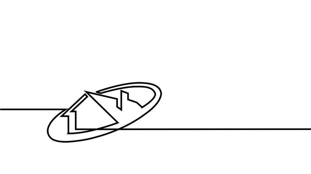 Continuous One Line and Dashed Line Real Estate Oval Logo House Drawing Animation Isolated on Yellow, Green Screen Chroma Key, Black, and White Backgrounds