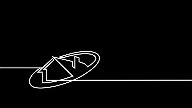 Continuous One Line and Dashed Line Real Estate Oval Logo House Drawing Animation Isolated on Yellow, Green Screen Chroma Key, Black, and White Backgrounds