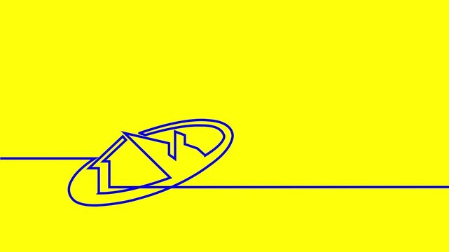 Continuous One Line and Dashed Line Real Estate Oval Logo House Drawing Animation Isolated on Yellow, Green Screen Chroma Key, Black, and White Backgrounds
