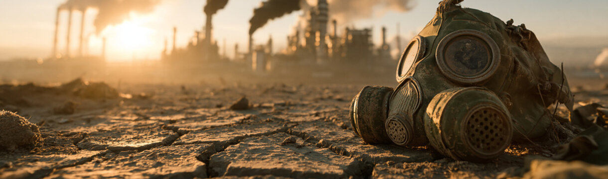Apocalyptic Landscape: A gas mask lies on cracked, barren earth against a backdrop of a desolate industrial cityscape shrouded in smog and pollution, bathed in an ominous sunset glow.