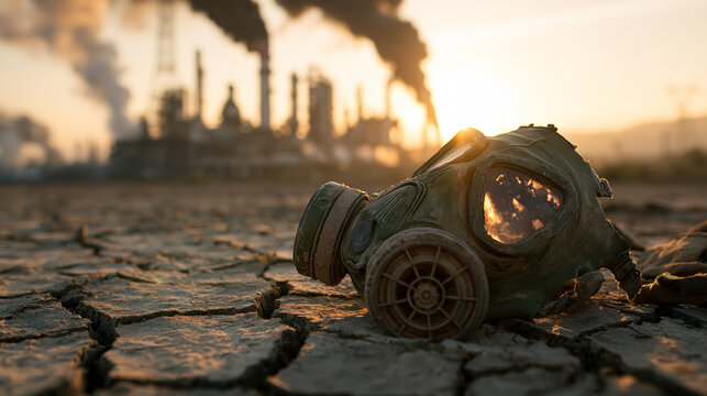Post-Apocalyptic Scene: A gas mask lies discarded on cracked, barren earth, with a desolate industrial landscape shrouded in smoke and smog under a dramatic, setting sun.