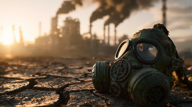 Environmental Catastrophe: A discarded gas mask lies on cracked, barren earth, symbolizing a desolate future under the smoky haze of industrial pollution under a setting sun.
