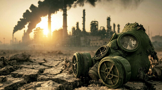 Toxic Legacy: A solitary gas mask lies abandoned on cracked, barren earth, juxtaposed against a dramatic backdrop of industrial smokestacks belching dark fumes into the sky.