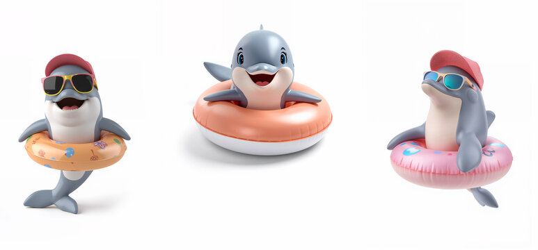Funny cartoon dolphin with a swimming ring isolated on white background