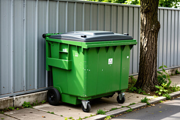 Fototapeta premium Large green wheeled dumpster sits curbside next to a tree and metal fence. This container holds urban waste and trash awaiting collection. Object is for disposal and recycling.
