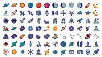 Collection of colorful space-themed icons and illustrations, including planets, rockets, astronauts, and celestial bodies. © Eza